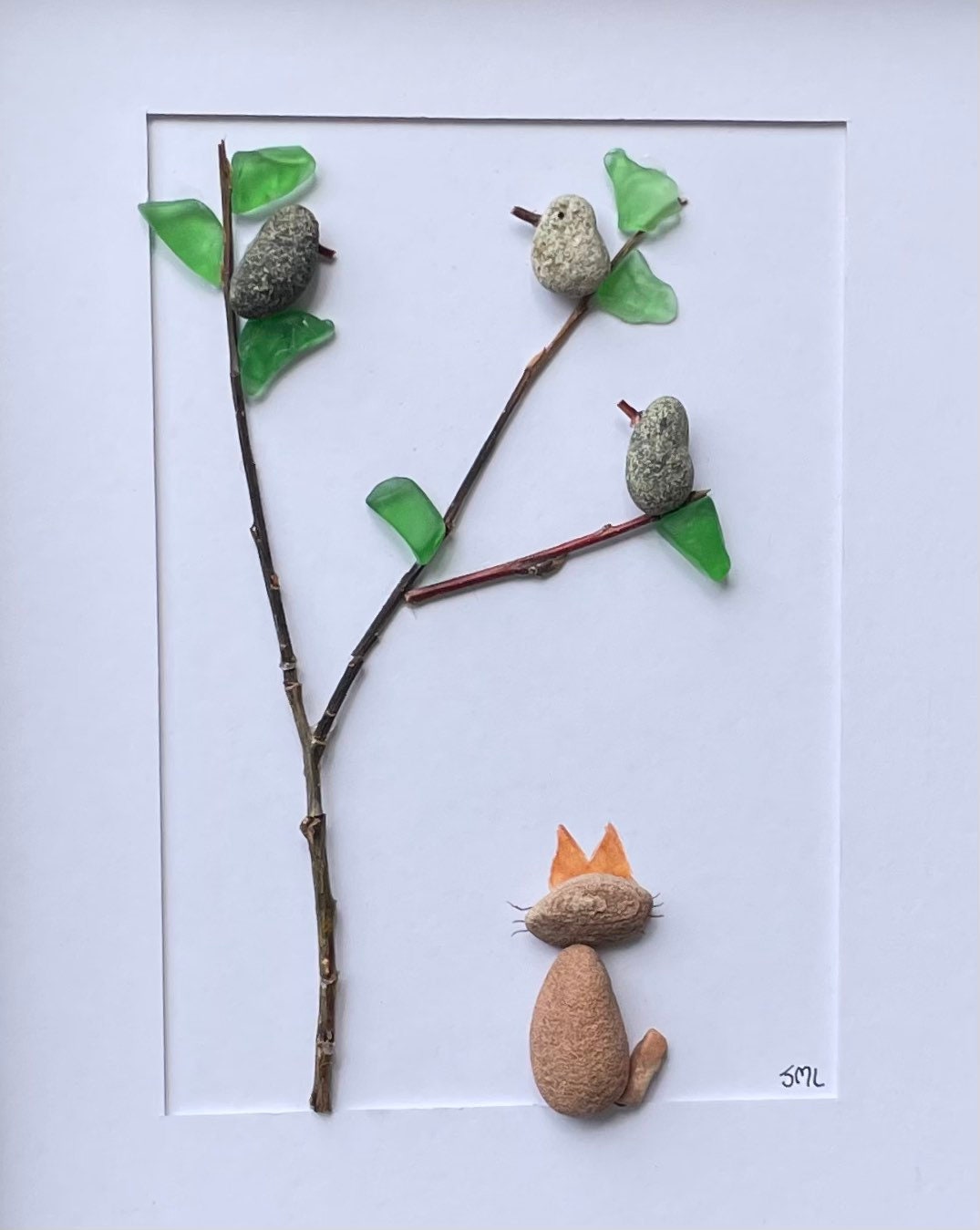 Pebble Art, Cat Watching Birds, Framed Coastal Artwork (8x10)