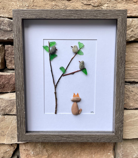 Cat Watching Birds in a Tree | Framed Cat Art | Perfect Gift for Cat Lovers, Cat Owners | 8x10 sea glass art