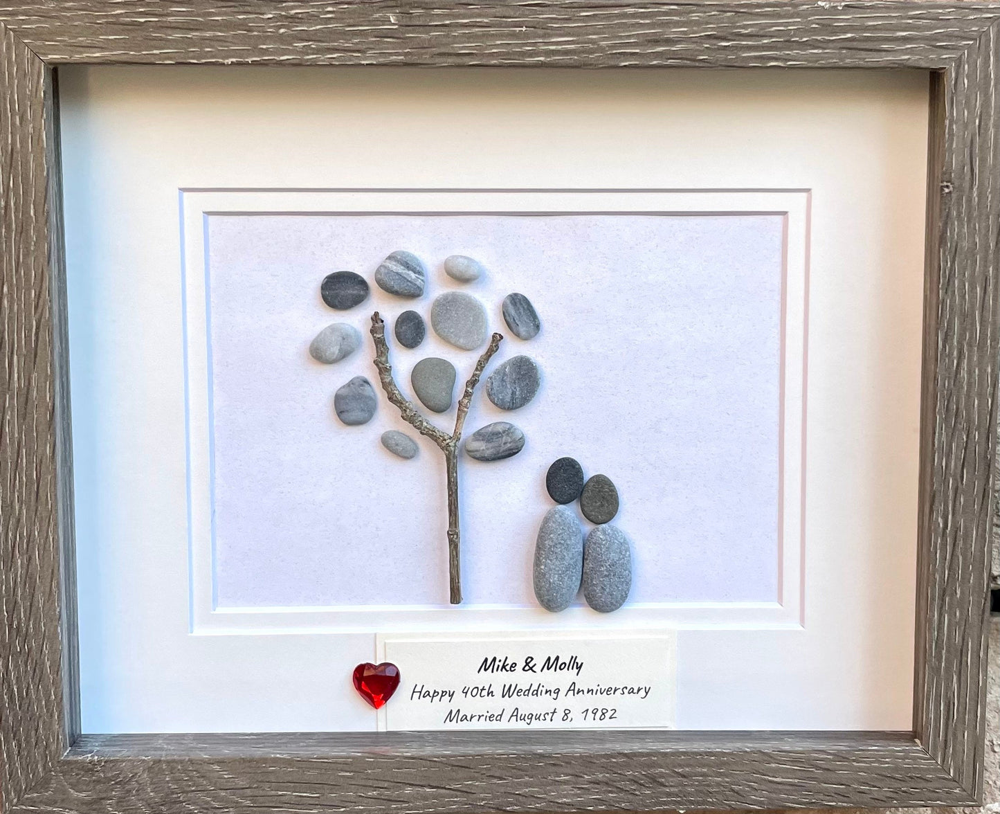 Personalized 40th Anniversary Pebble Art, Ruby Heart, Framed