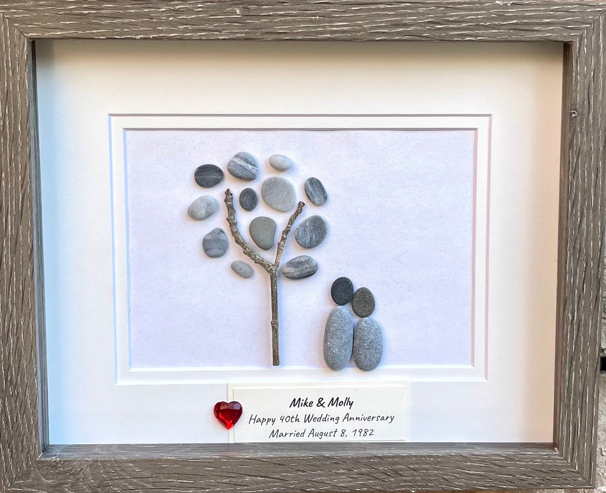 Personalized 40th Anniversary Pebble Art, Ruby Heart, Framed