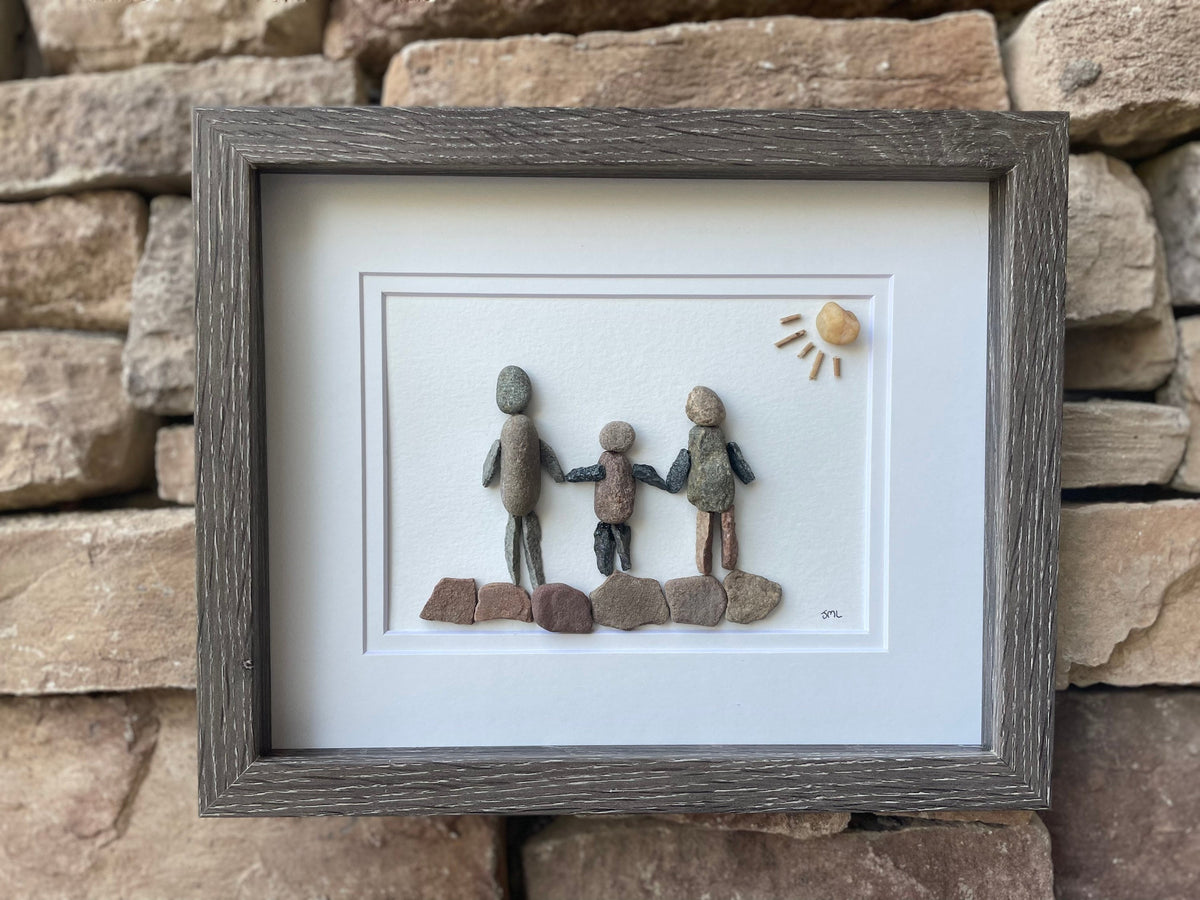 Parents and Child Holding Hands 8x10 Framed Pebble Art, Perfect Gift for Mom, Dad or Parents