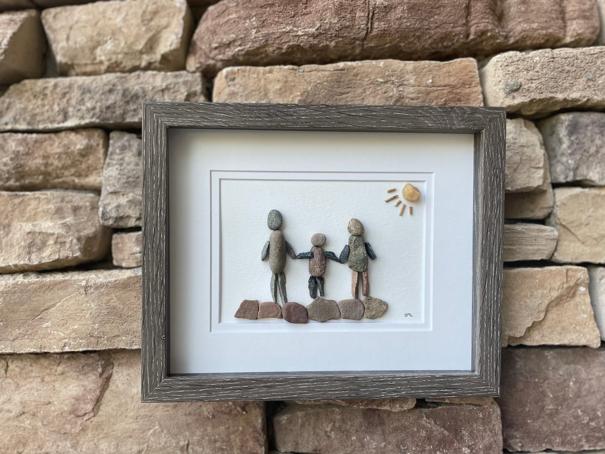 Parents and Child Holding Hands 8x10 Framed Pebble Art, Perfect Gift for Mom, Dad or Parents