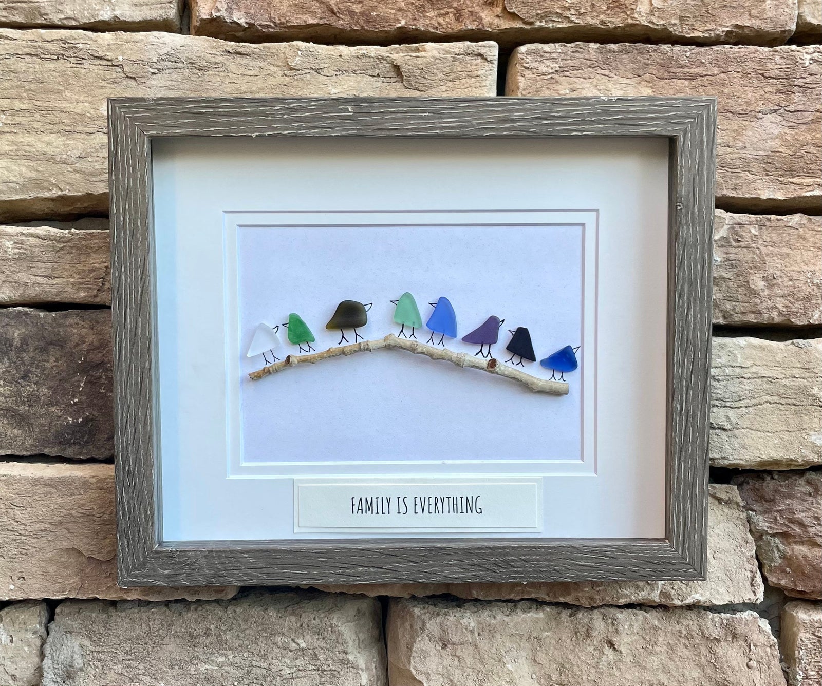 Sea Glass Rainbow Birds, Custom Message Option, Family of 8, Framed Original Handmade Artwork, Minimalist Beach Decor