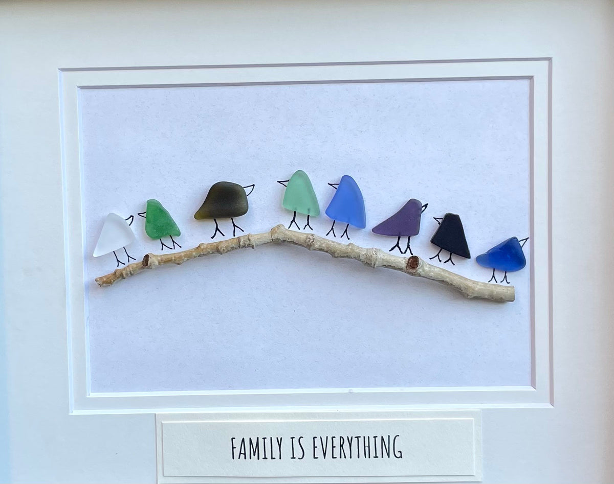 Sea Glass Rainbow Birds, Custom Message Option, Family of 8, Framed Original Handmade Artwork, Minimalist Beach Decor
