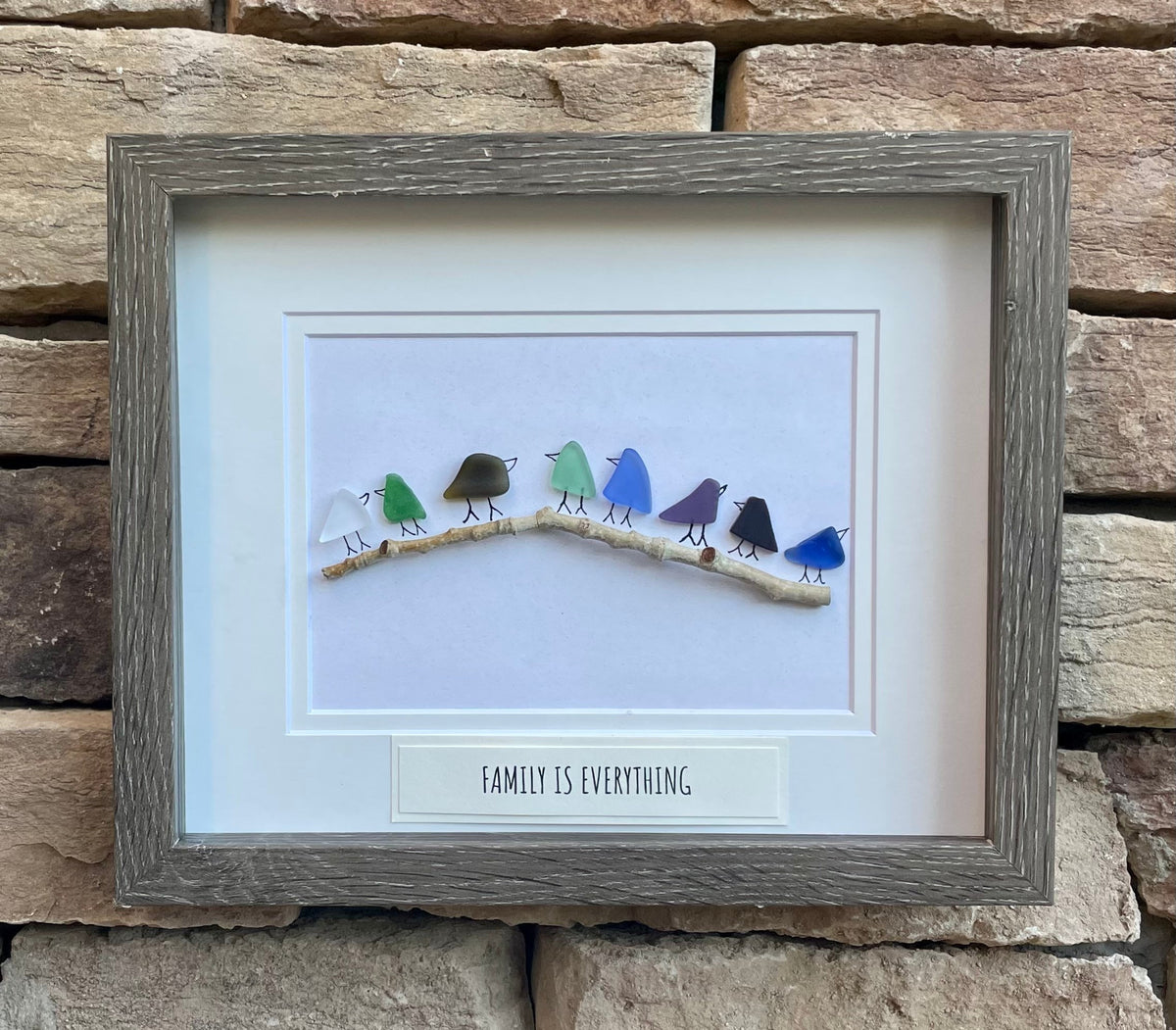 Sea Glass Rainbow Birds, Custom Message Option, Family of 8, Framed Original Handmade Artwork, Minimalist Beach Decor