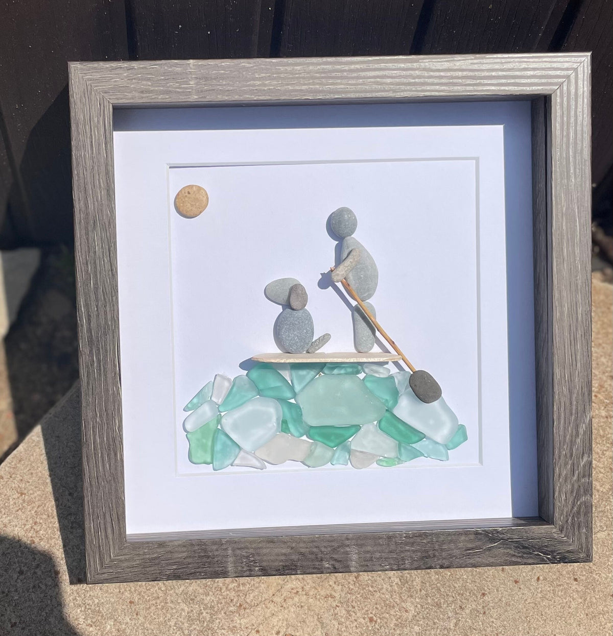 Paddle Boarding With Dog Framed Sea Glass and Pebble Art, ~ 9 x 9 inches