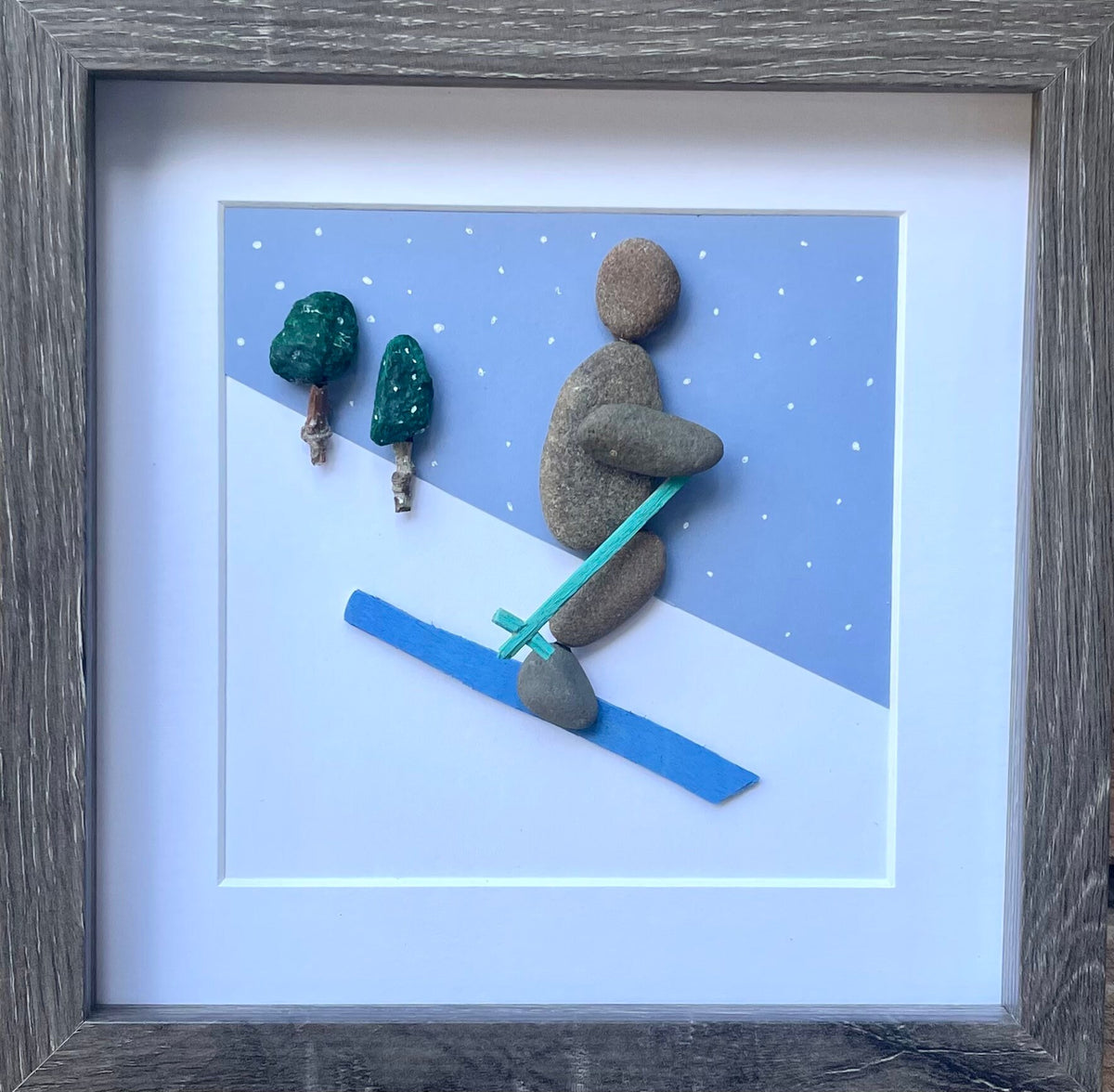 Skiing Art - Original Pebble Artwork - Perfect Gift - Love to Ski - Winter Fun - Snow Sports - Ski Season