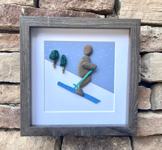 Skiing Art - Original Pebble Artwork - Perfect Gift - Love to Ski - Winter Fun - Snow Sports - Ski Season