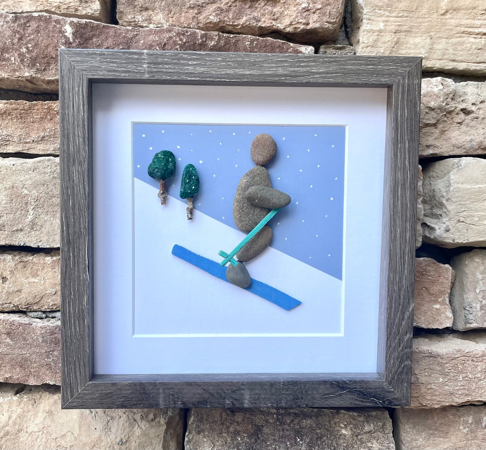 Skiing Art - Original Pebble Artwork - Perfect Gift - Love to Ski - Winter Fun - Snow Sports - Ski Season