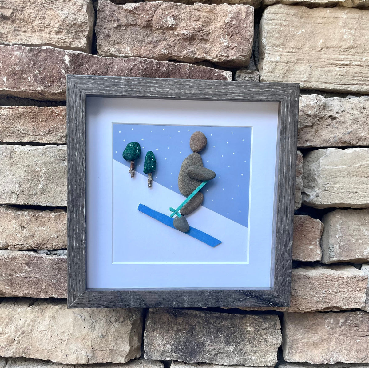 Skiing Art - Original Pebble Artwork - Perfect Gift - Love to Ski - Winter Fun - Snow Sports - Ski Season