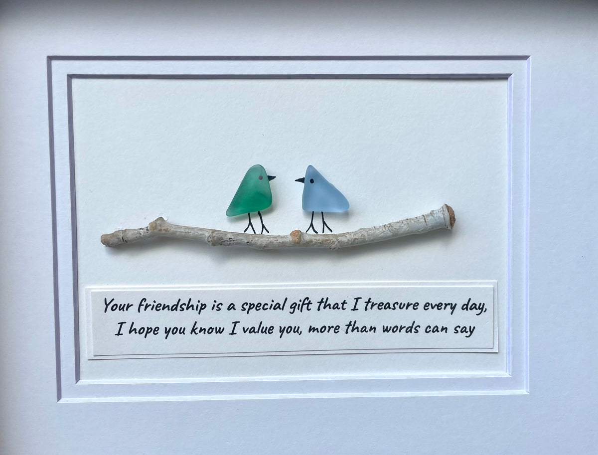 Handmade Friendship Gift | Sea Glass Bird Art with Quote | Original 8x10 Framed Gift for Best Friend, Sister, Brother, Cousin, Birthday