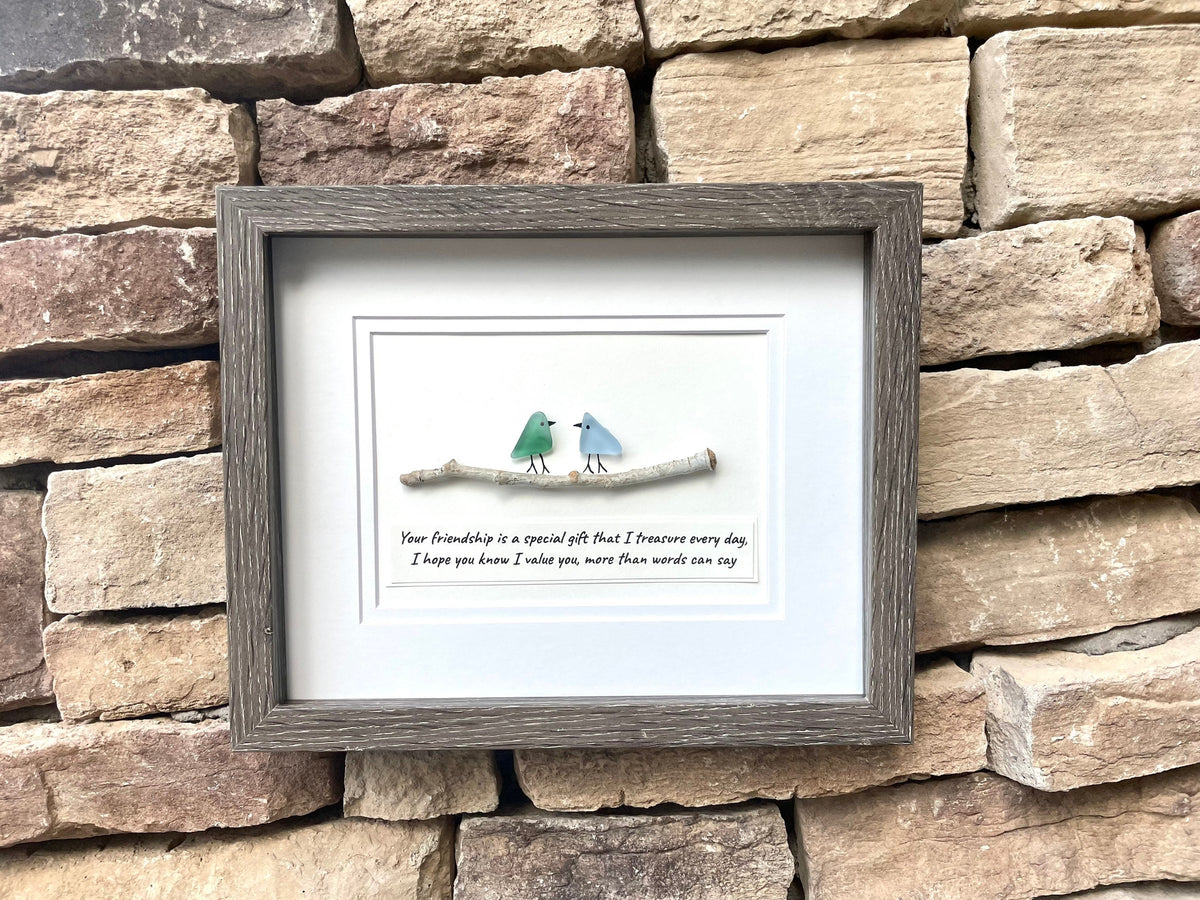 Handmade Friendship Gift | Sea Glass Bird Art with Quote | Original 8x10 Framed Gift for Best Friend, Sister, Brother, Cousin, Birthday