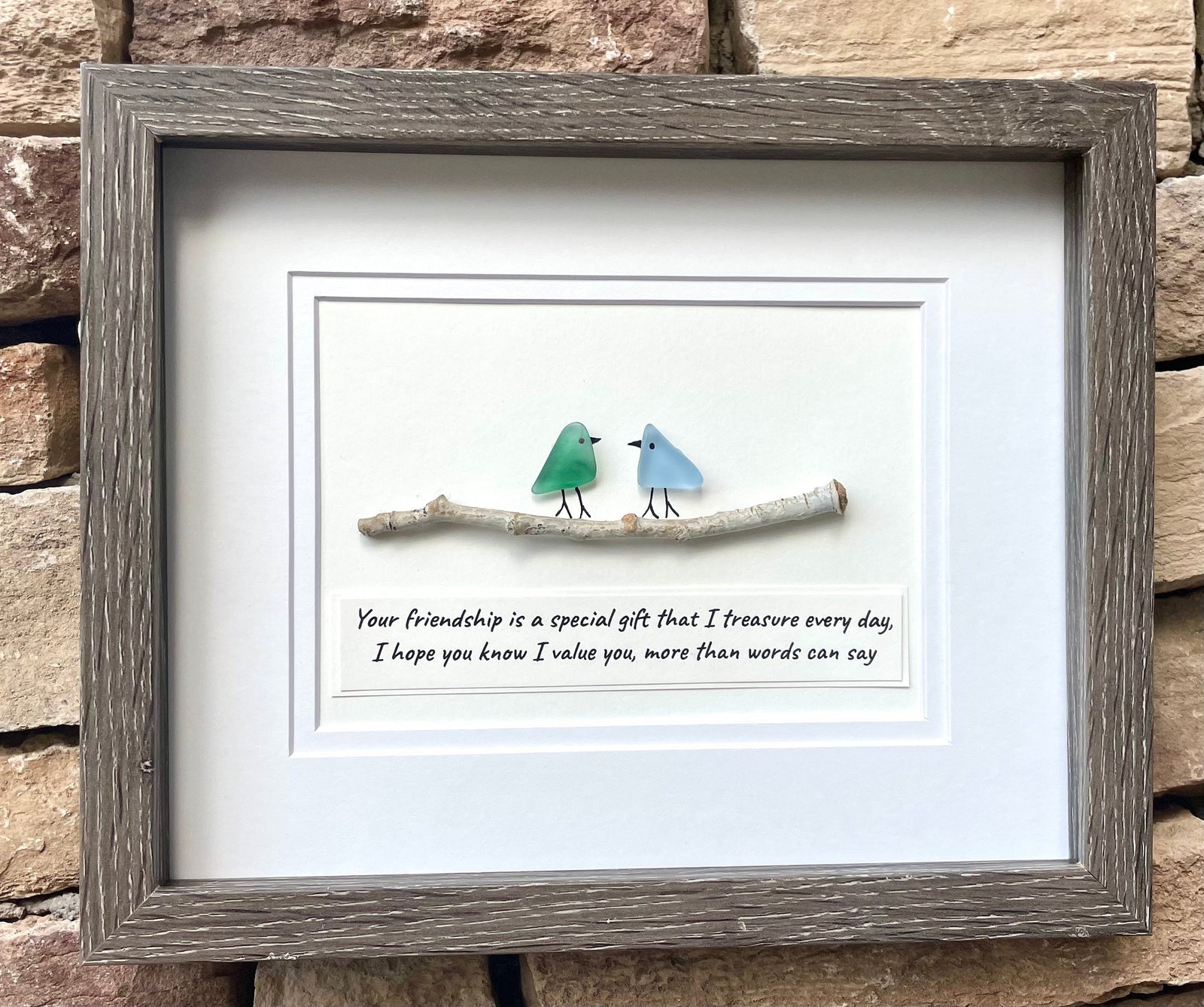 Handmade Friendship Gift | Sea Glass Bird Art with Quote | Original 8x10 Framed Gift for Best Friend, Sister, Brother, Cousin, Birthday