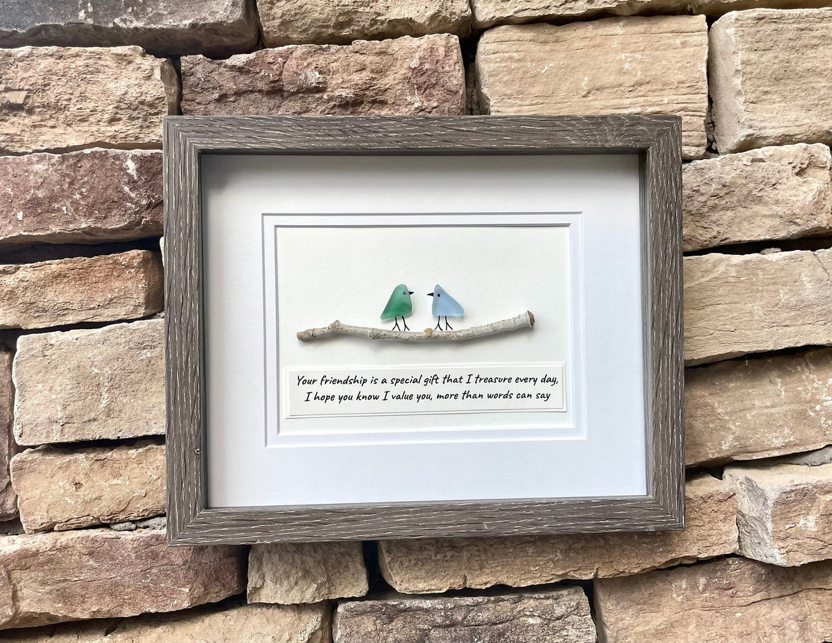 Handmade Friendship Gift | Sea Glass Bird Art with Quote | Original 8x10 Framed Gift for Best Friend, Sister, Brother, Cousin, Birthday
