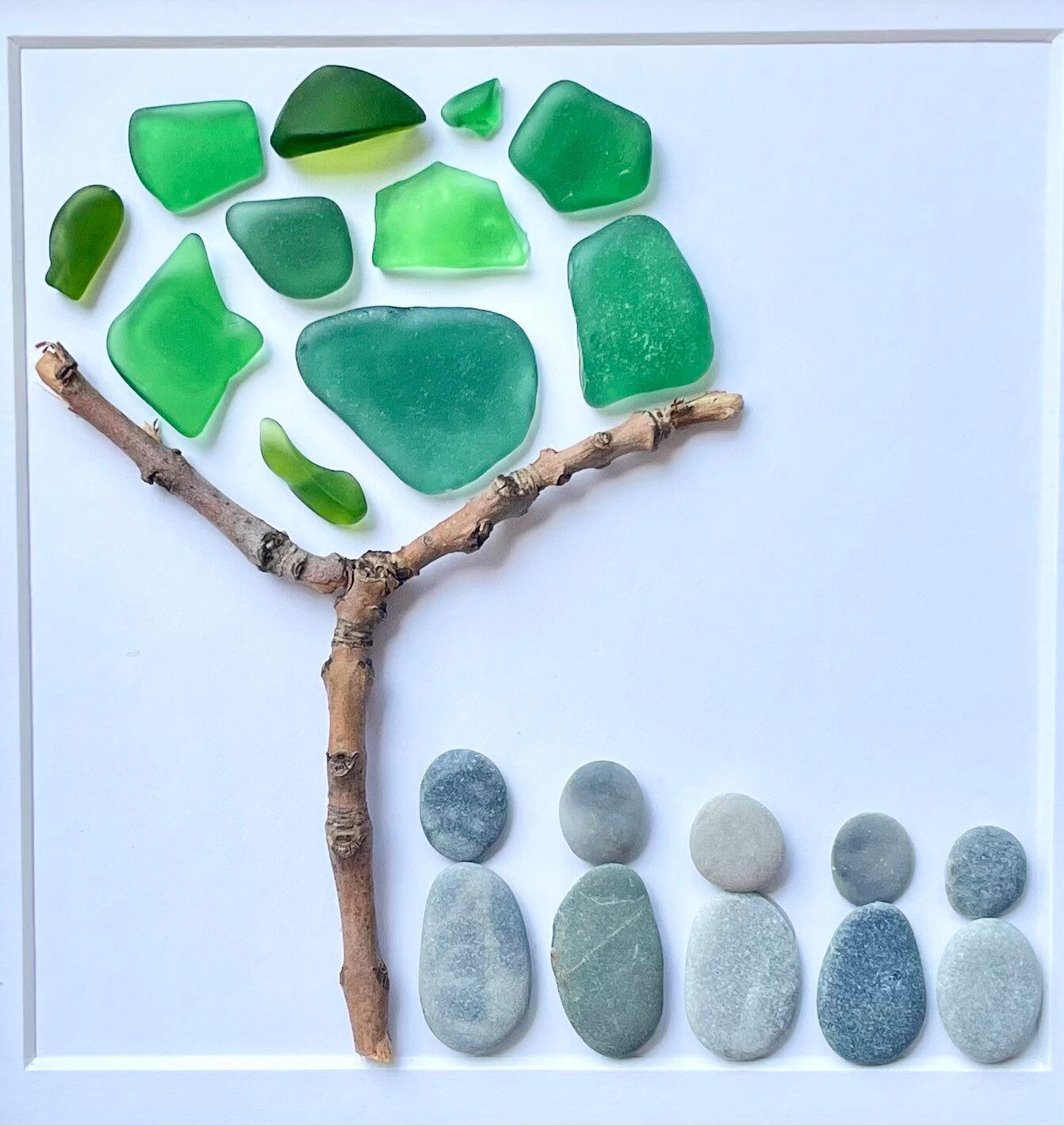 Family of Five Pebble and Sea Glass Art - Personalized Family Name Option - Handmade Original Artwork - Great Personalized Gift