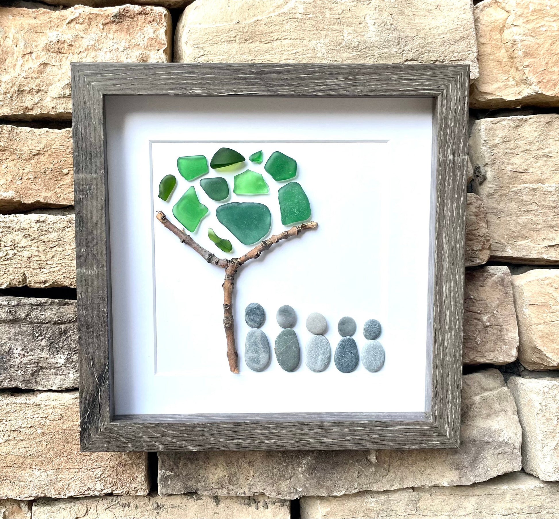 Family of Five Pebble and Sea Glass Art - Personalized Family Name Option - Handmade Original Artwork - Great Personalized Gift