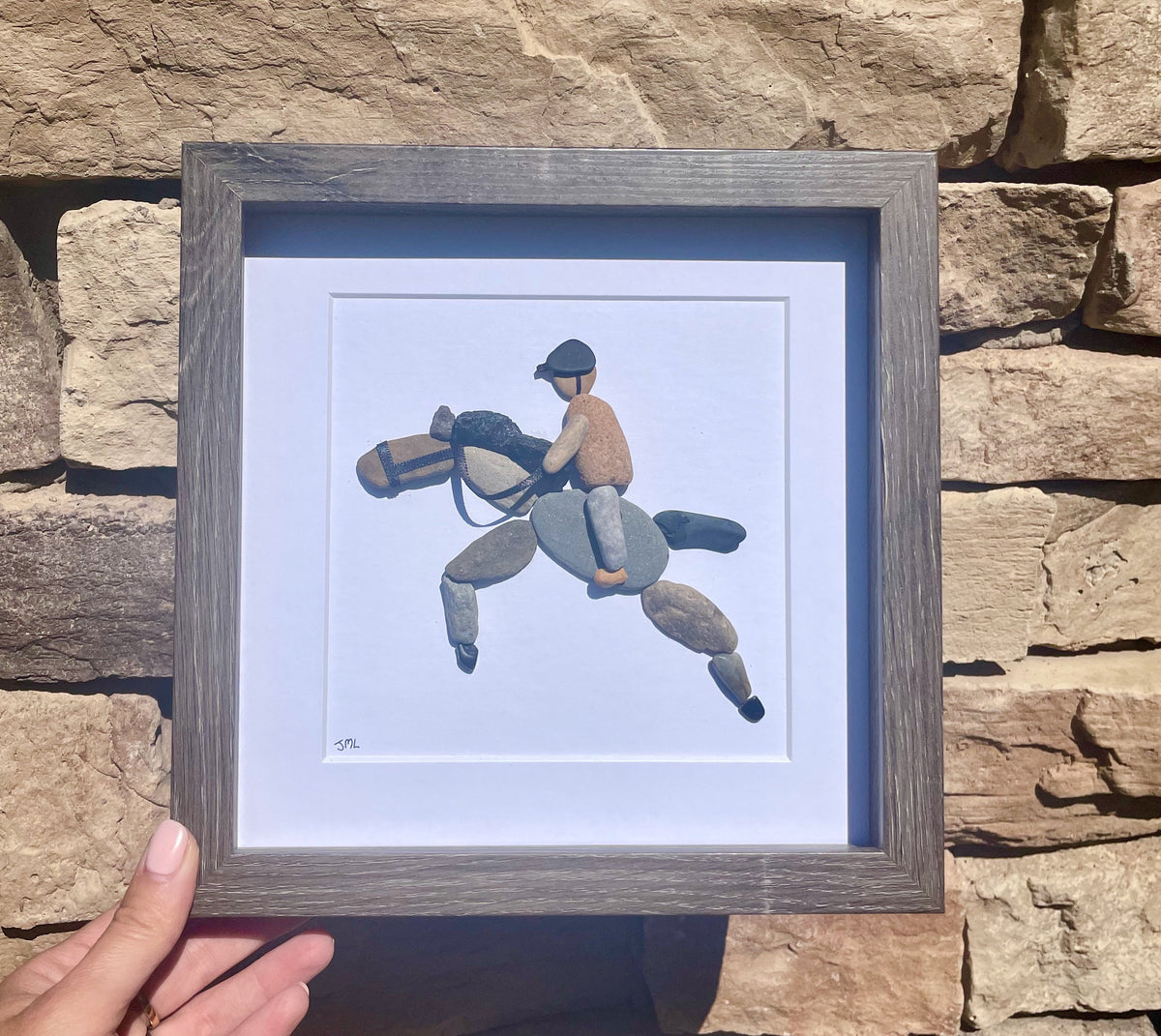 Horse Riding Wall Decor - Original Handmade Artwork - Framed Pebble Mosaic - Perfect Gift for Horse Rider