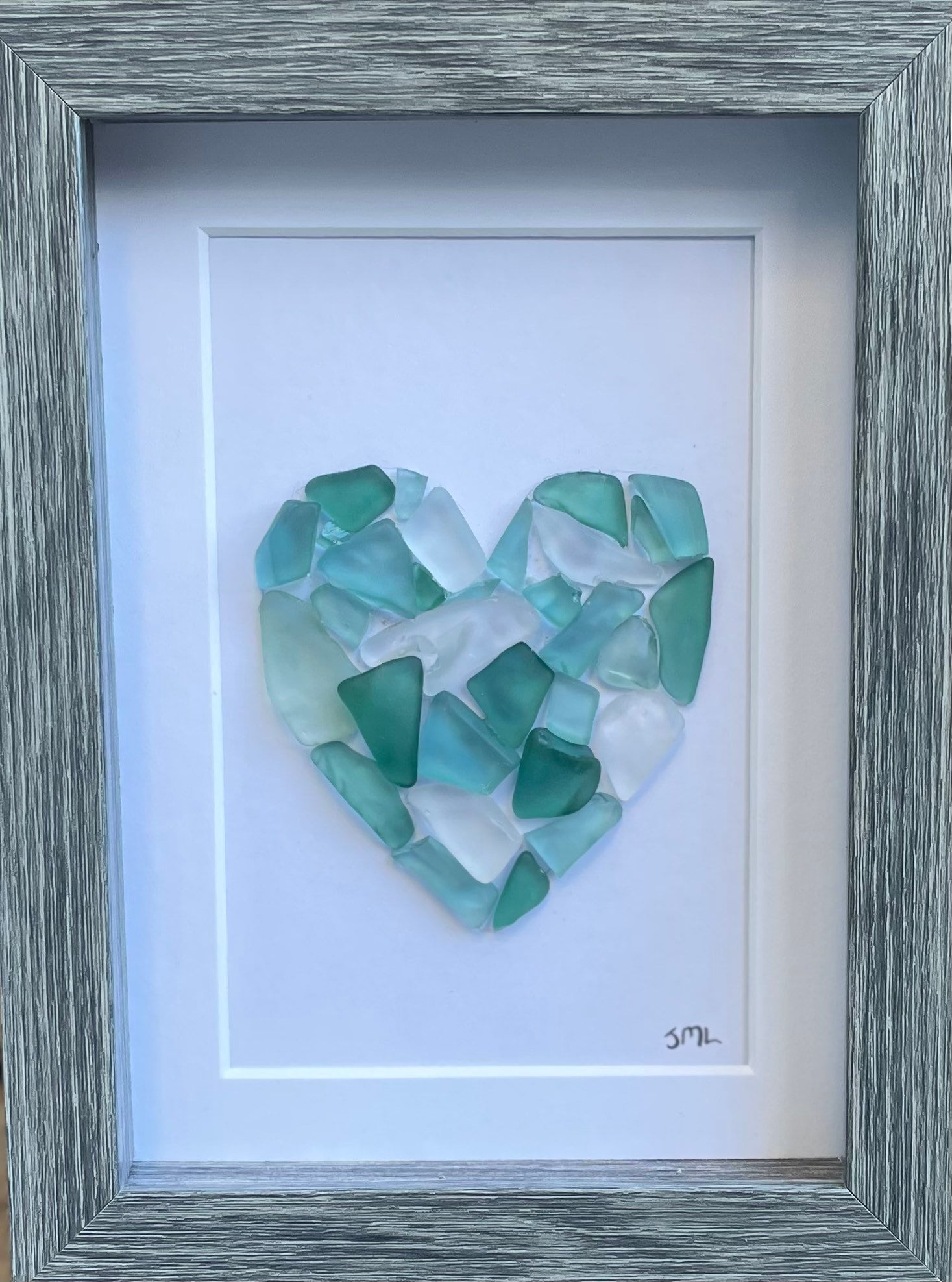 Sea Glass Love Heart Art, 6x8” Framed Original Artwork in Shades of Blue & Teal