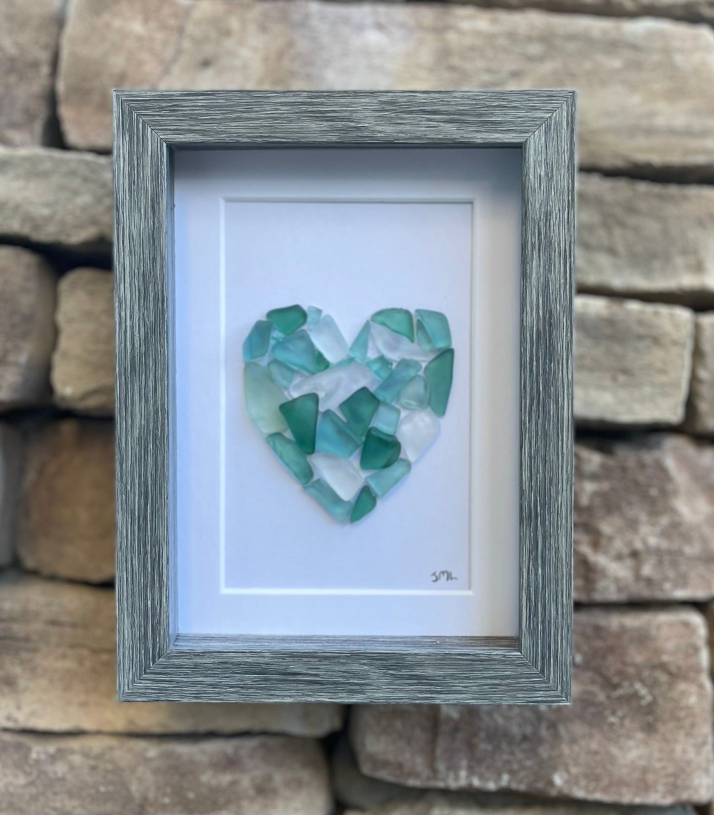 Sea Glass Love Heart Art, 6x8” Framed Original Artwork in Shades of Blue & Teal