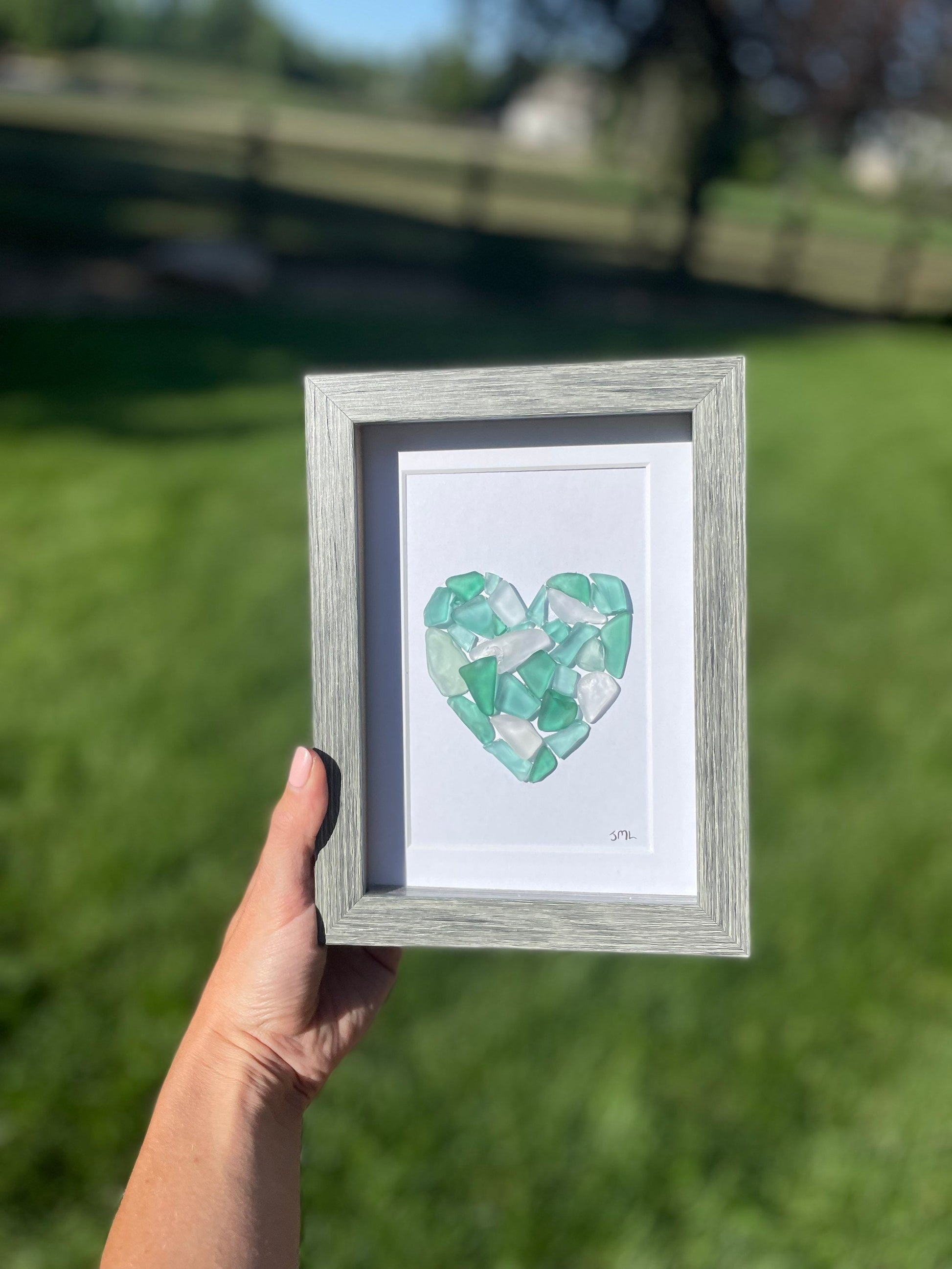 Sea Glass Love Heart Art, 6x8” Framed Original Artwork in Shades of Blue & Teal