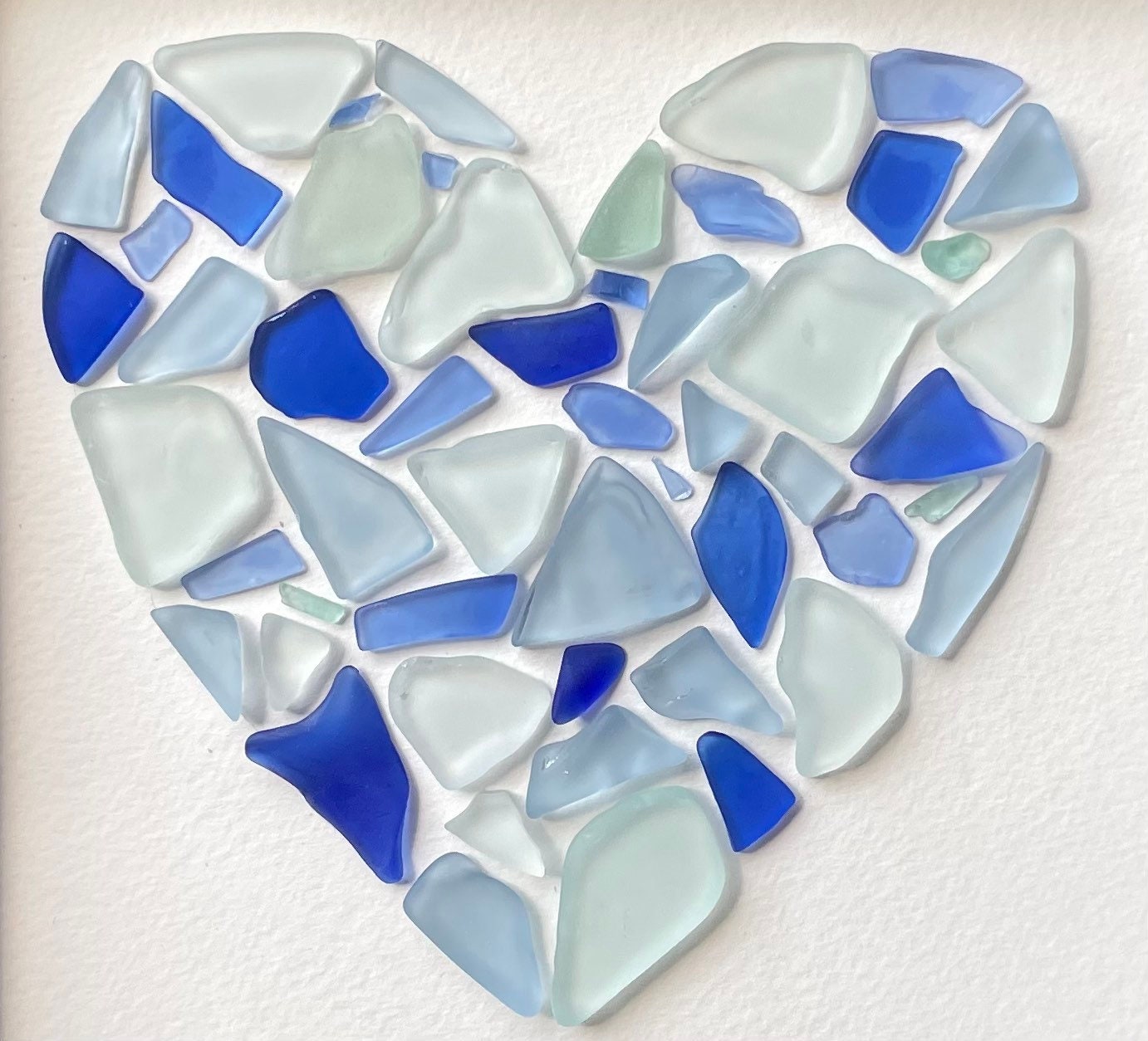 Handmade Sea Glass Heart Art, Framed Coastal Wall Decor, Teal Blue Shades