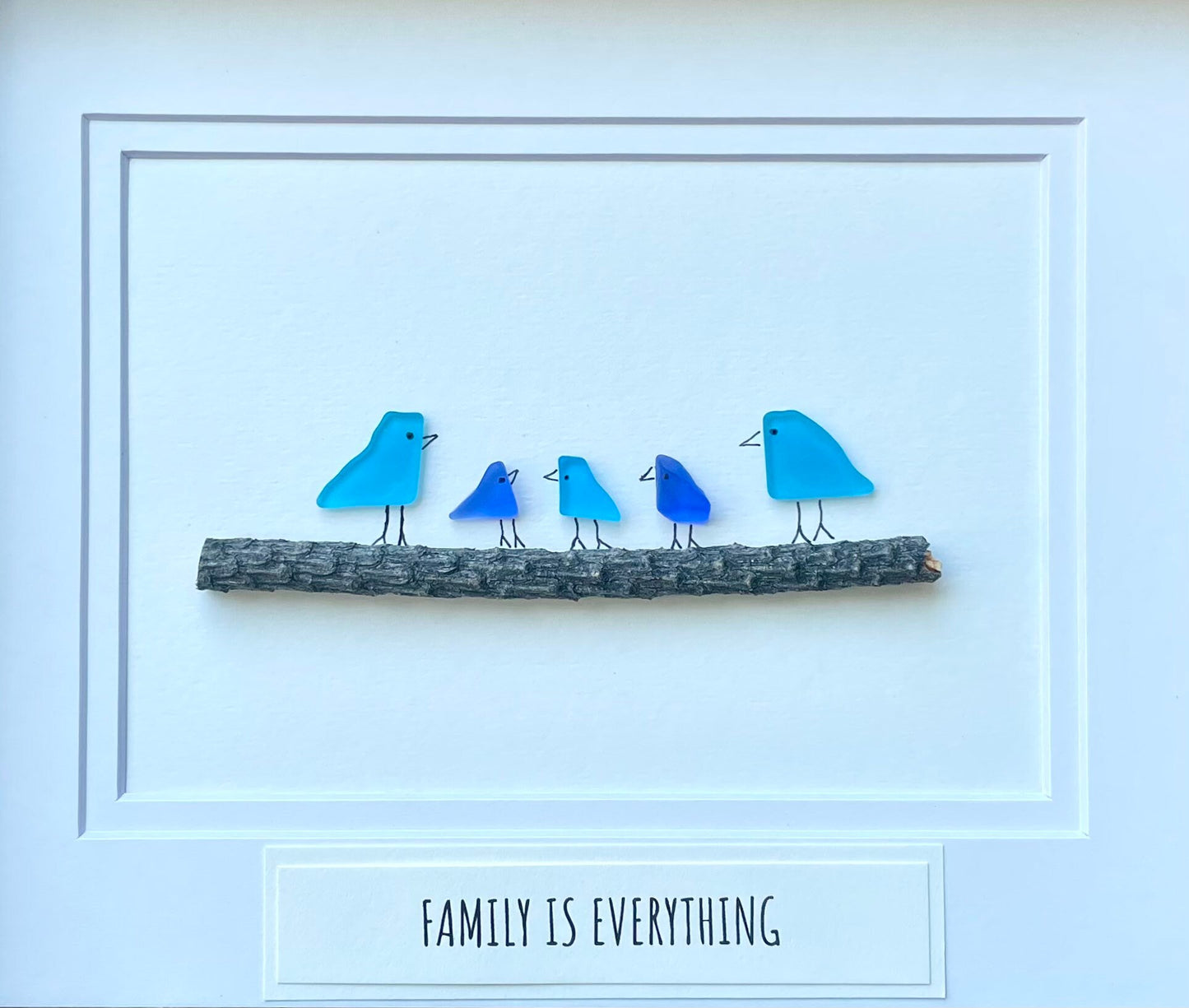 Family Is Everything Framed Sea Glass Art Showing Family of 5, Minimalist Beach Decor