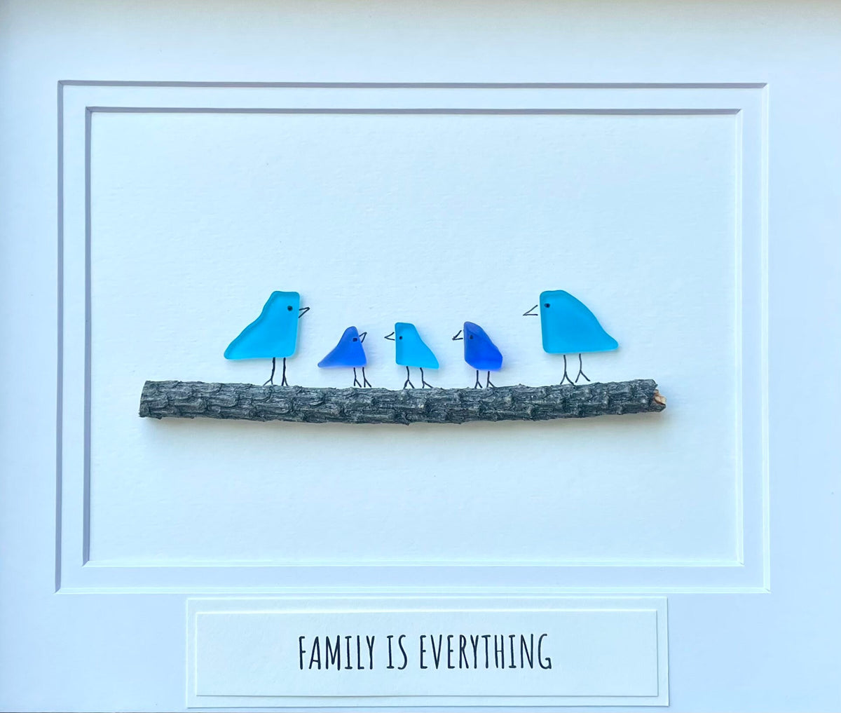 Family Is Everything Framed Sea Glass Art Showing Family of 5, Minimalist Beach Decor