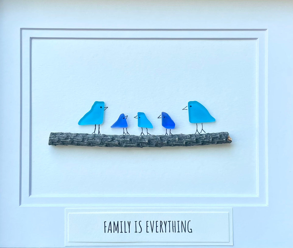 Family Is Everything Framed Sea Glass Art Showing Family of 5, Minimalist Beach Decor