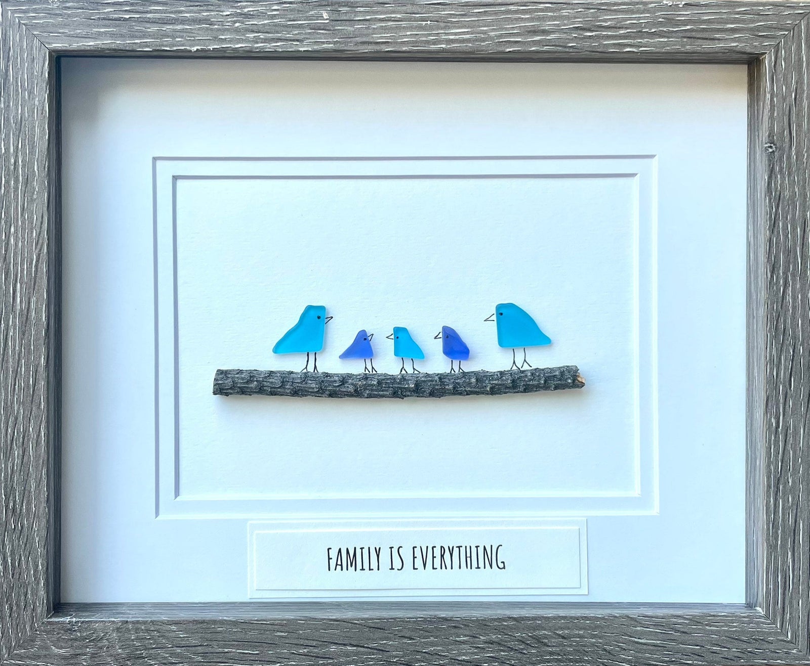 Family Is Everything Framed Sea Glass Art Showing Family of 5, Minimalist Beach Decor