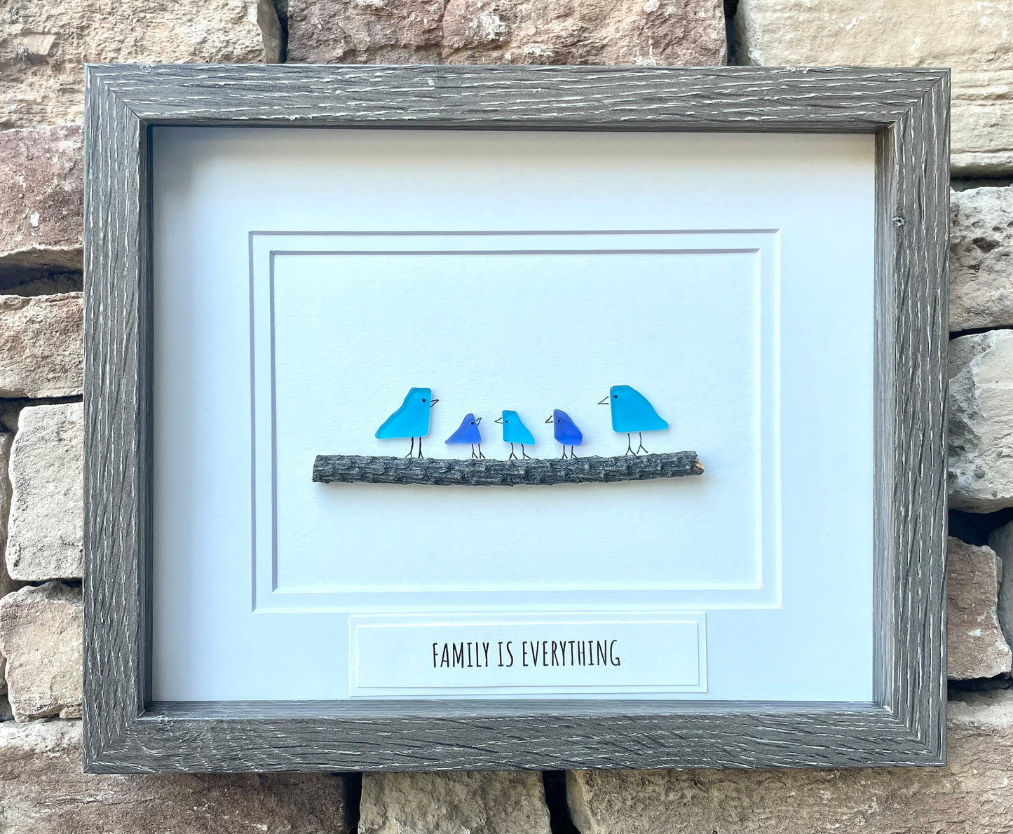 Family Is Everything Framed Sea Glass Art Showing Family of 5, Minimalist Beach Decor