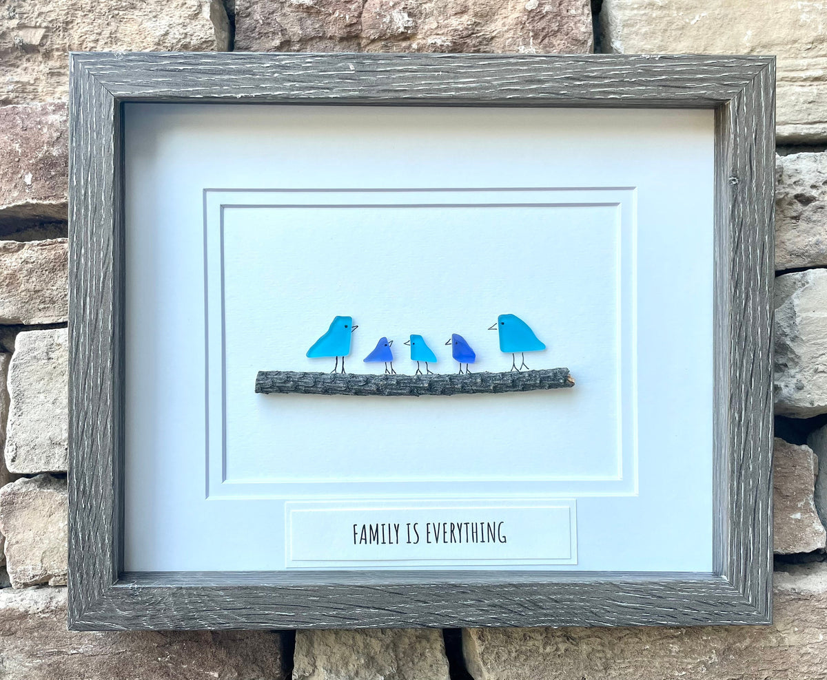 Family Is Everything Framed Sea Glass Art Showing Family of 5, Minimalist Beach Decor