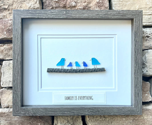 Family Is Everything Framed Sea Glass Art Showing Family of 5, Minimalist Beach Decor