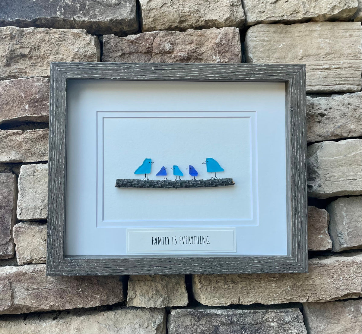 Family Is Everything Framed Sea Glass Art Showing Family of 5, Minimalist Beach Decor