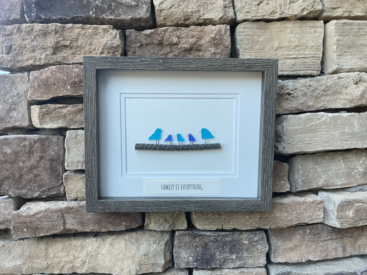 Family Is Everything Framed Sea Glass Art Showing Family of 5, Minimalist Beach Decor