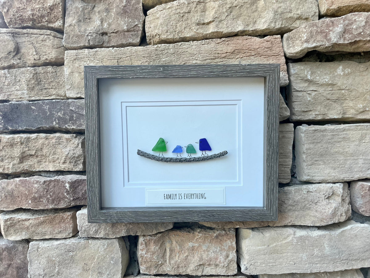 Family Is Everything Framed Sea Glass Art Showing Family of 4, Minimalist Beach Decor
