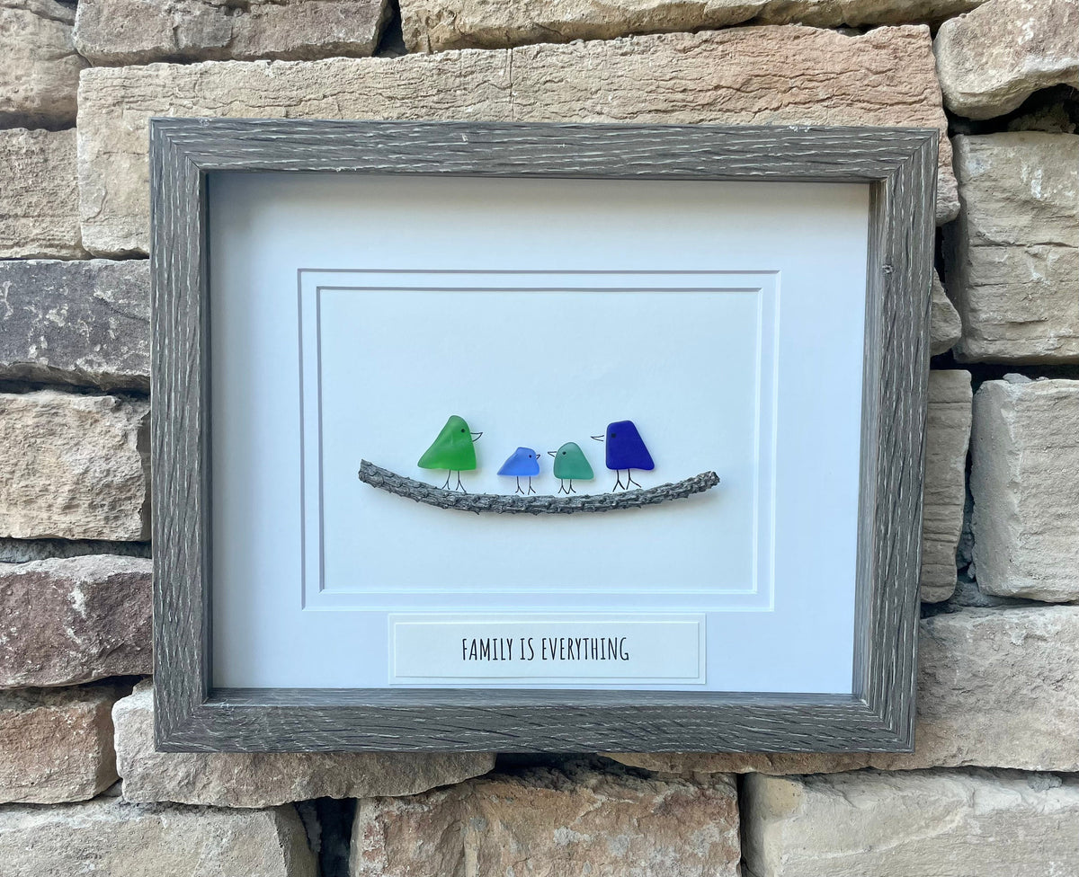 Family Is Everything Framed Sea Glass Art Showing Family of 4, Minimalist Beach Decor