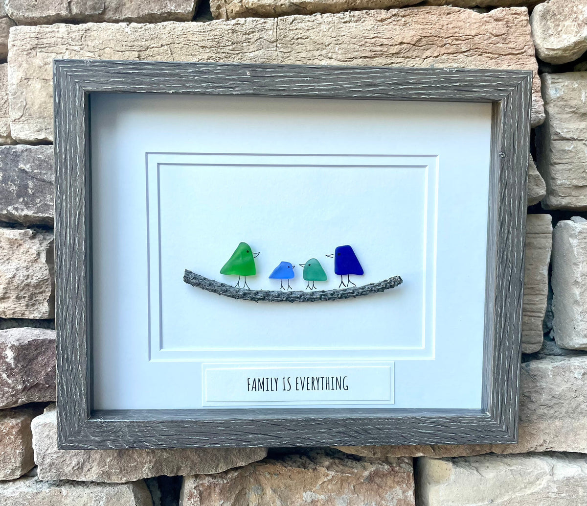 Family Is Everything Framed Sea Glass Art Showing Family of 4, Minimalist Beach Decor
