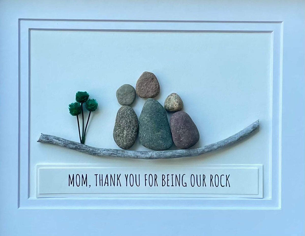 Gift for Mom, 9x11 or 6x8 Framed Pebble Art Picture, Unique Gift for Mom of Two Kids, Caption &quot;Mom, Thanks for Being Our Rock&quot;