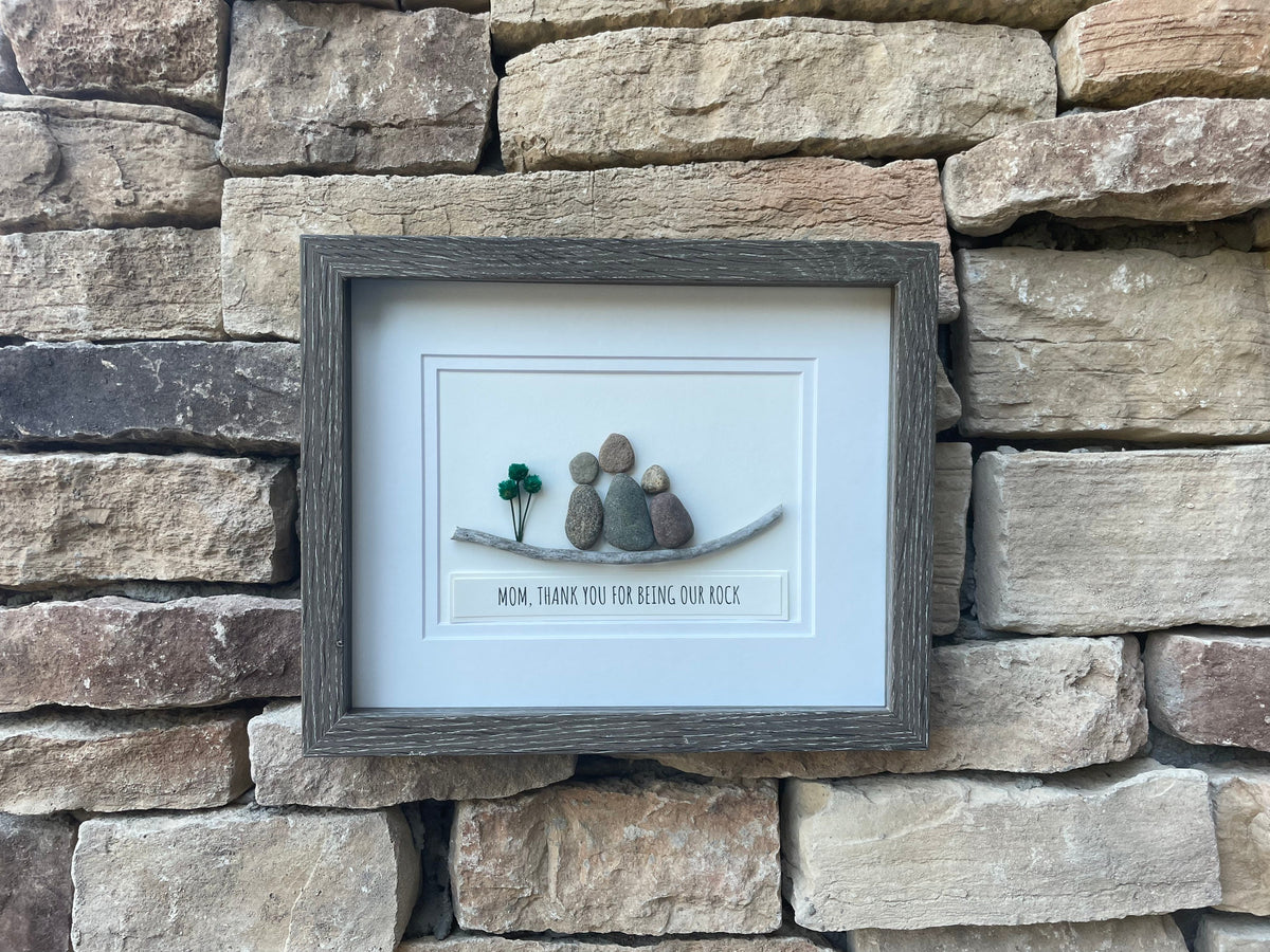 Gift for Mom, 9x11 or 6x8 Framed Pebble Art Picture, Unique Gift for Mom of Two Kids, Caption &quot;Mom, Thanks for Being Our Rock&quot;