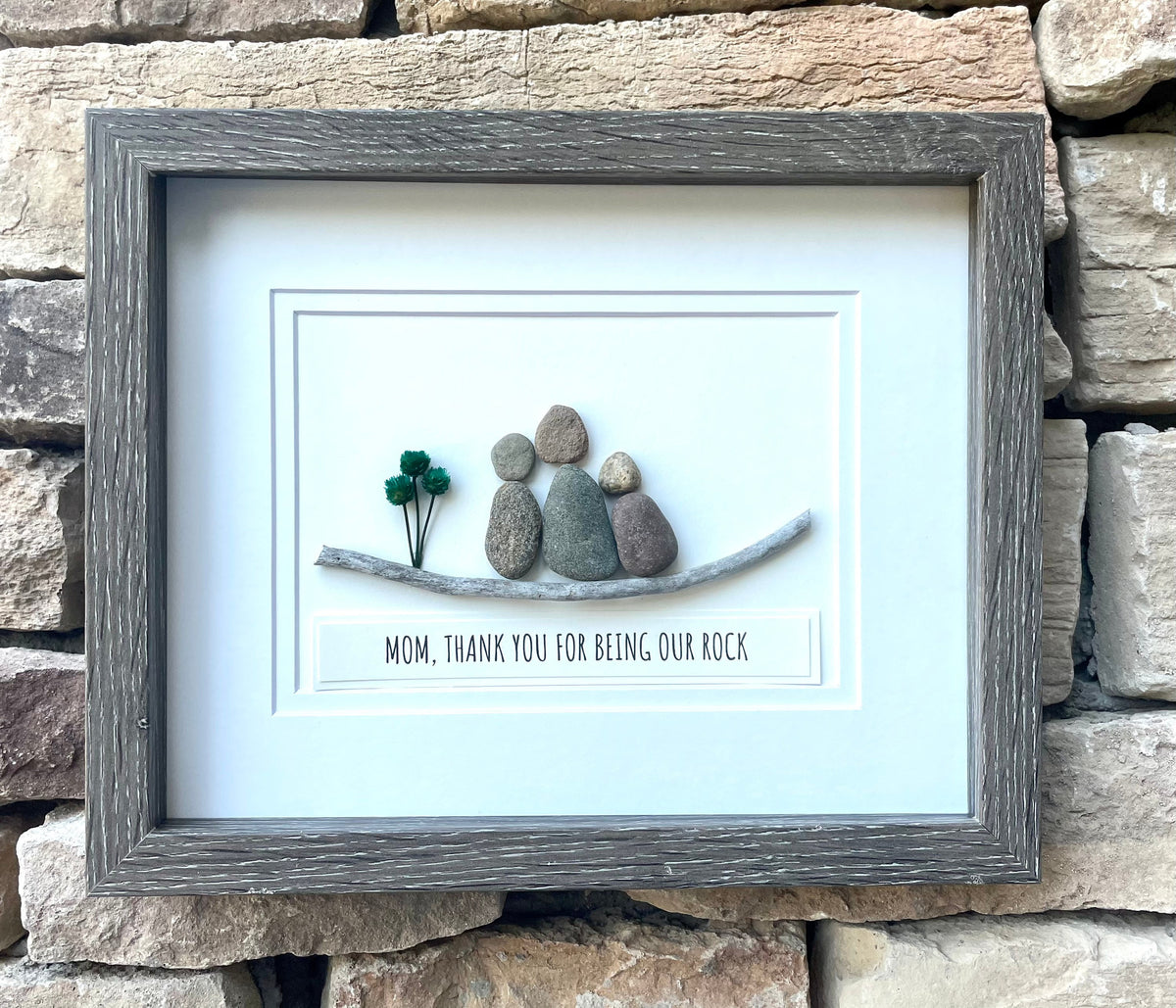 Gift for Mom, 9x11 or 6x8 Framed Pebble Art Picture, Unique Gift for Mom of Two Kids, Caption &quot;Mom, Thanks for Being Our Rock&quot;
