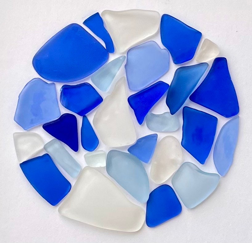 Sea Glass Circle Mosaic in Rare Shades of Teal and Blue - Framed Original Artwork - Perfect Minimalist Beach Decor