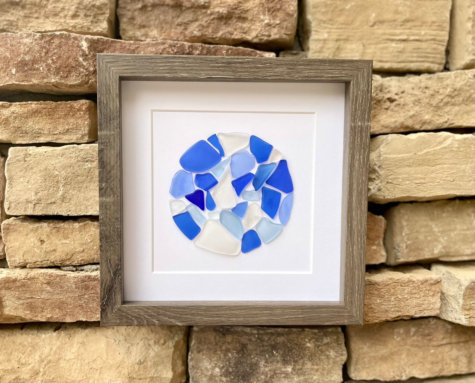 Sea Glass Circle Mosaic in Rare Shades of Teal and Blue - Framed Original Artwork - Perfect Minimalist Beach Decor