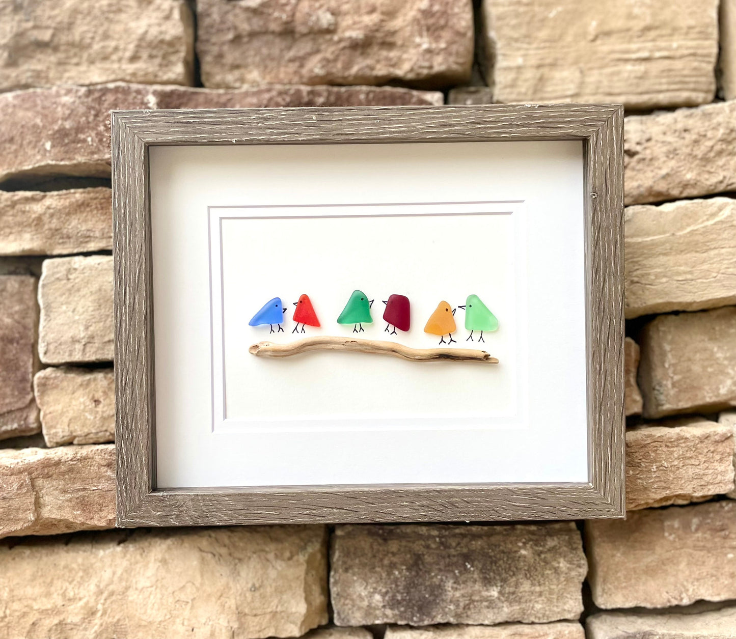 Sea Glass Rainbow Birds Framed 8x10 Original Handmade Artwork, Minimalist Coastal Wall Decor