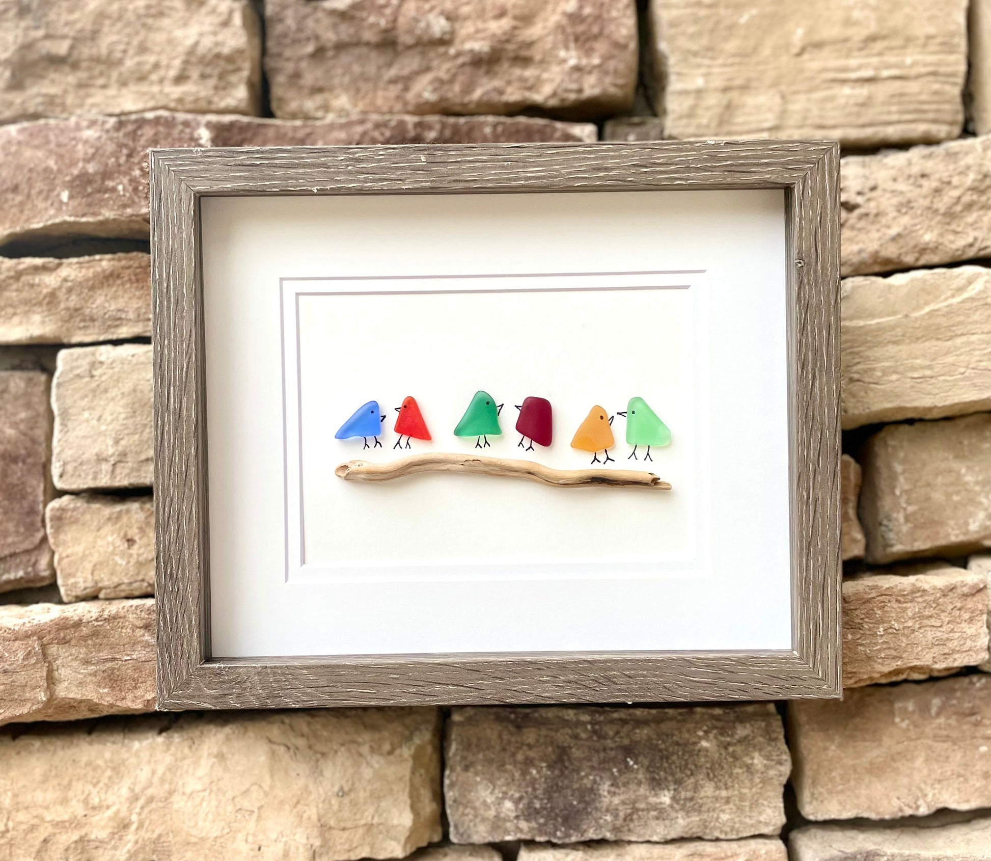 Sea Glass Rainbow Birds Framed 8x10 Original Handmade Artwork, Minimalist Coastal Wall Decor