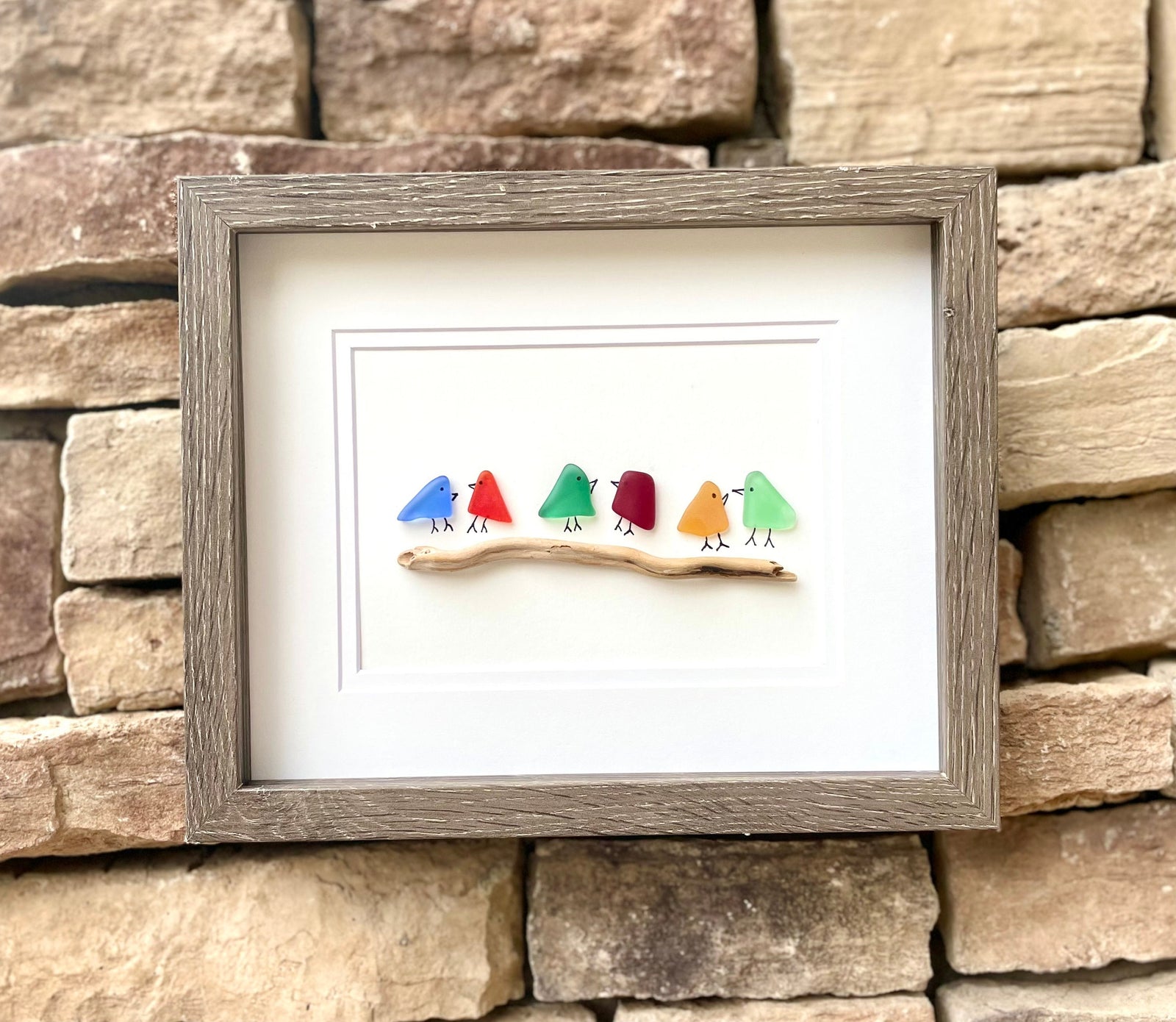 Sea Glass Rainbow Birds Framed 8x10 Original Handmade Artwork, Minimalist Coastal Wall Decor