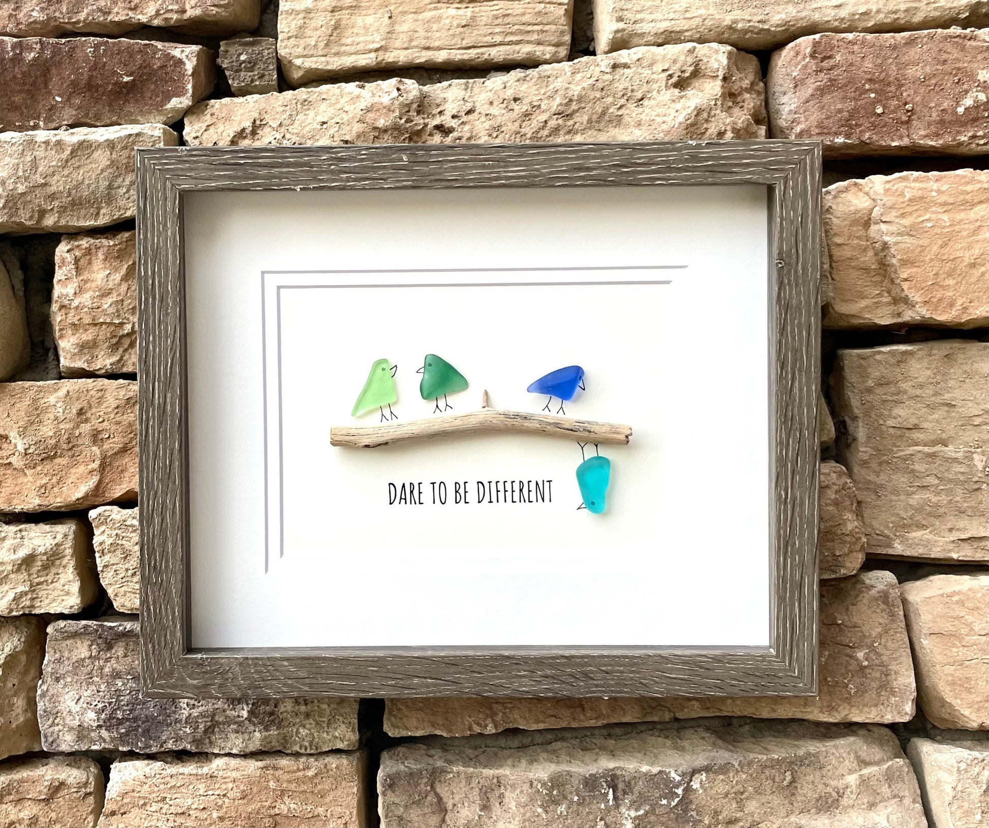 Dare To Be Different Inspirational Sea Glass Art, 8x10 Framed Original Artwork, Gift for Friend or Family
