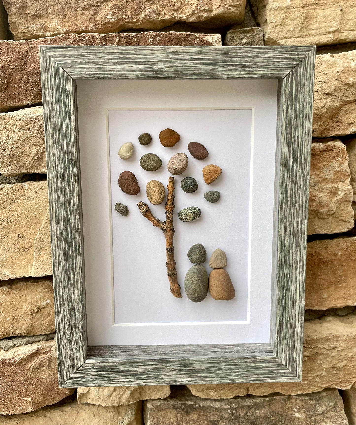 Pebble Art Couple Under Tree, Framed Handmade Artwork, 5x7 Gift