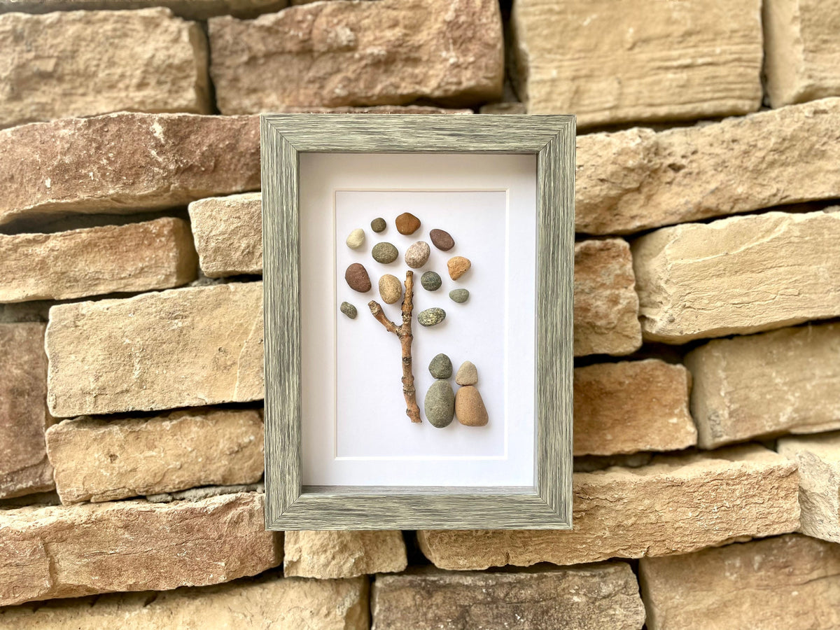 Two People Under Pebble Tree, 5x7 Framed Original Handmade Artwork - Perfect Gift for Couple or Friends