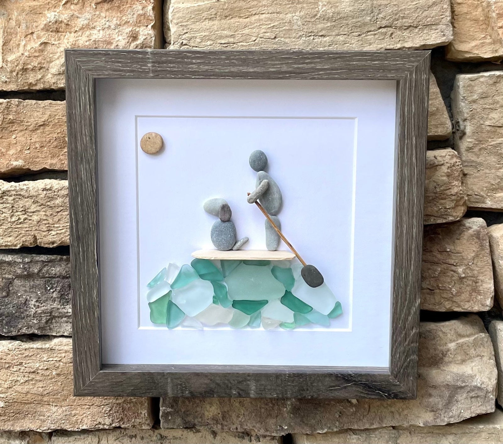 Paddle Boarding With Dog Framed Sea Glass and Pebble Art, ~ 9 x 9 inches