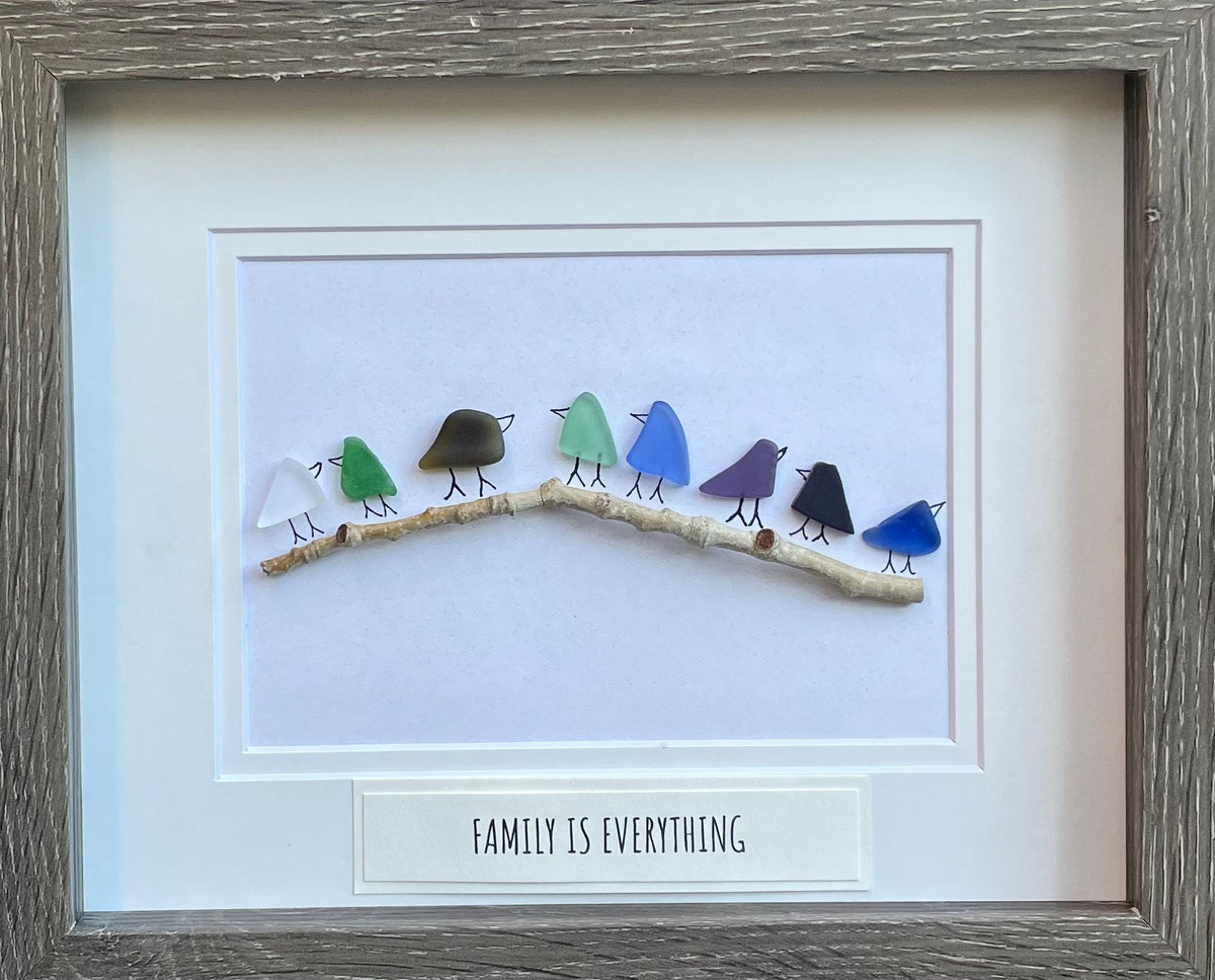 Sea Glass Rainbow Birds, Custom Message Option, Family of 8, Framed Original Handmade Artwork, Minimalist Beach Decor